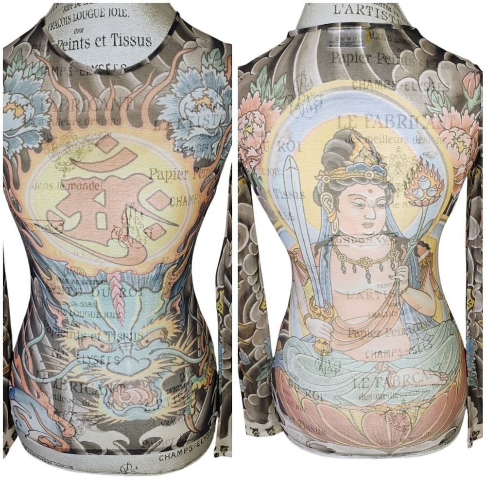 Yellowman Sheer Mesh Tattoo Top Tony‎ Paukku Womens Small Buddha Dragon Japanese